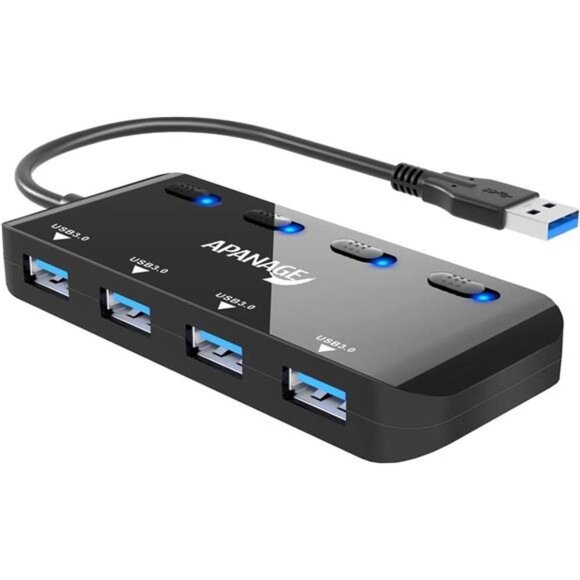 4-Port USB 3.0 Hub Splitter, Ultra Slim USB Data Hub with Individual Power